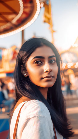 Portrait of a beautiful young woman on the background of amusement parkの素材