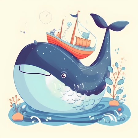 Cute cartoon whale with ship in the ocean. Vector illustration.の素材