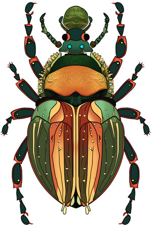 Vector illustration of a beetle with a green hat. Tattoo art.の素材