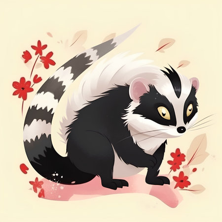 cute cartoon skunk on a background of autumn leaves and flowersの素材