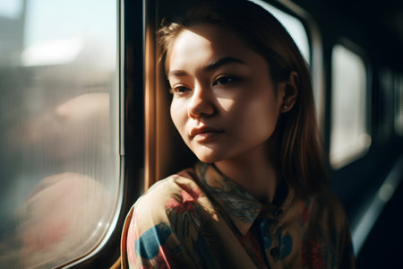 Beautiful young woman traveling by train, looking through the window.の素材