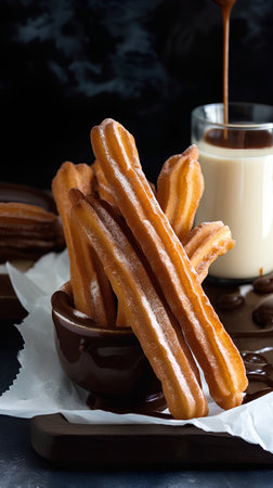 Churros with hot chocolate on dark background. Selective focus.の素材