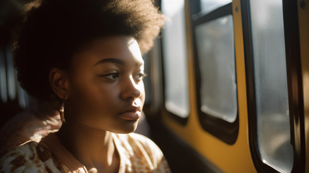 Portrait of a beautiful african american woman in a train.の素材