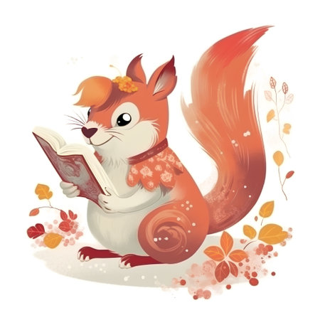 Cute squirrel reading a book on autumn background. Vector illustration.の素材
