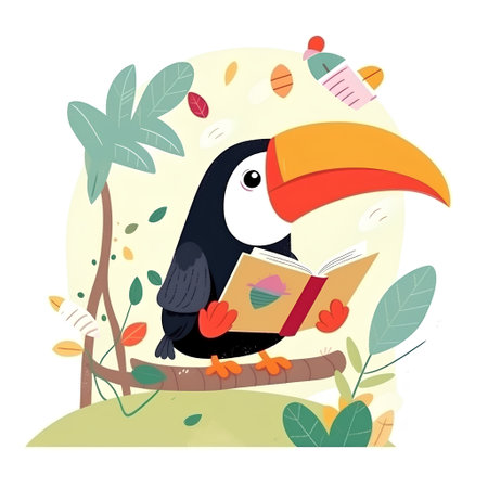 Cute cartoon toucan reading a book in the park. Vector illustration.の素材