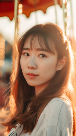 Portrait of a beautiful asian woman in the amusement park.の素材