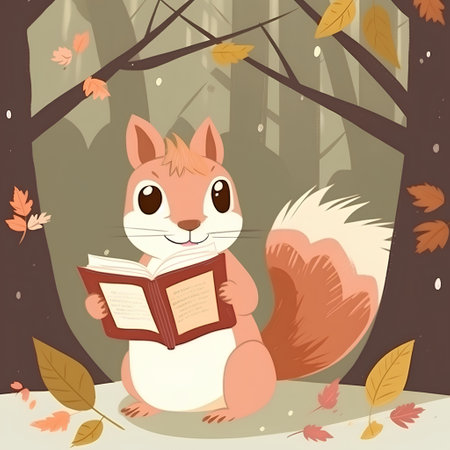 Squirrel reading a book in the autumn forest. Vector illustration.の素材
