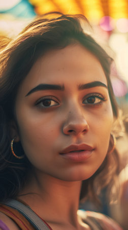Portrait of a young beautiful girl on a background of the amusement parkの素材