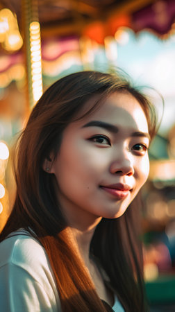 Portrait of a beautiful asian woman in the amusement park.の素材