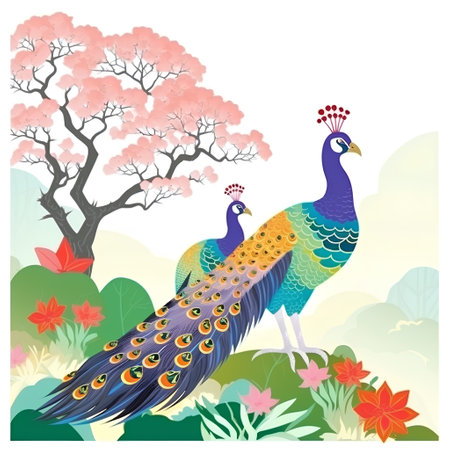 Peacock with flowers and tree in the background, vector illustrationの素材