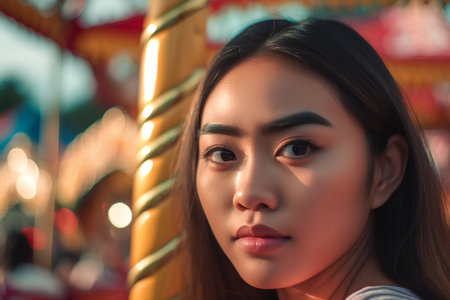 Portrait of a beautiful asian woman in the amusement park.の素材