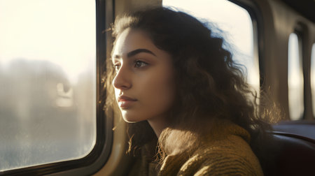 Beautiful young woman in a train, looking through the window.の素材