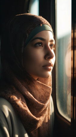 portrait of a beautiful muslim woman with hijab looking out the windowの素材