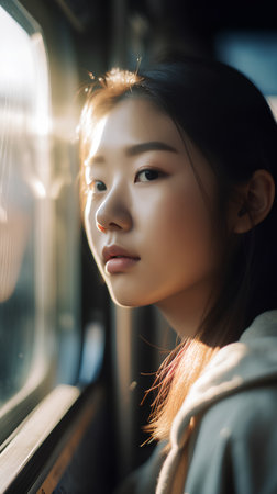 beautiful asian woman in train looking through window, lifestyle people conceptの素材