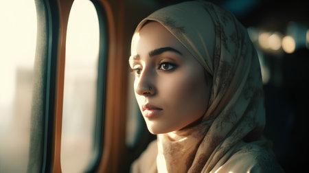 Portrait of a beautiful young muslim woman with hijab looking out the window.の素材