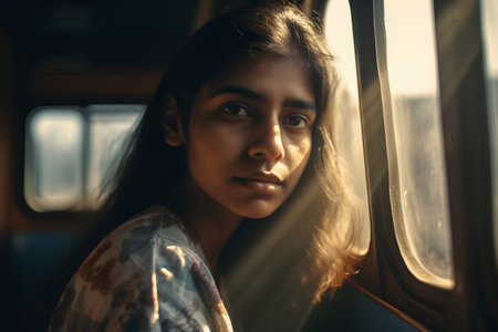 Portrait of a beautiful young woman looking through the window of a trainの素材