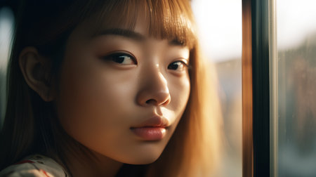 Beautiful asian woman looking through the window, closeup portraitの素材