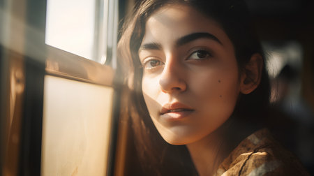 Portrait of a beautiful girl with long brown hair looking out the windowの素材