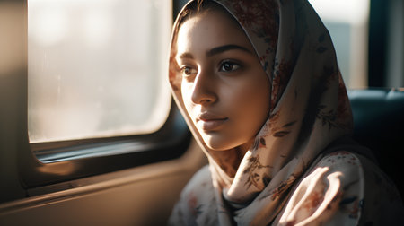 beautiful muslim woman in hijab looking out the window in trainの素材
