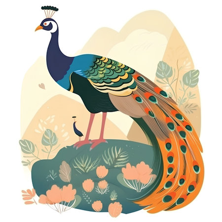 Peacock on a rock in a forest. Vector illustration.の素材