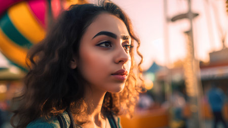 Portrait of a beautiful young woman with curly hair on the background of amusement park.の素材