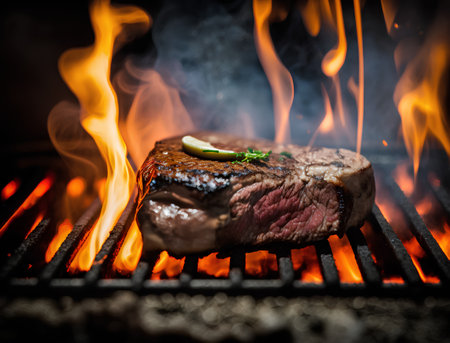 Grilled beef steak on the grill with flames and smoke on backgroundの素材