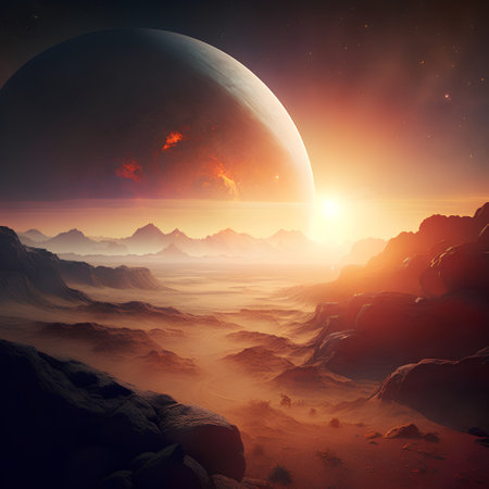 Fantasy alien planet. Mountain and sunset. 3D illustration.の素材