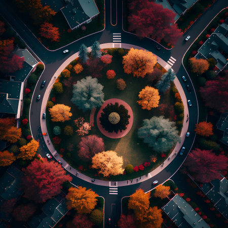 Aerial view of autumn city park with colorful trees and road.の素材