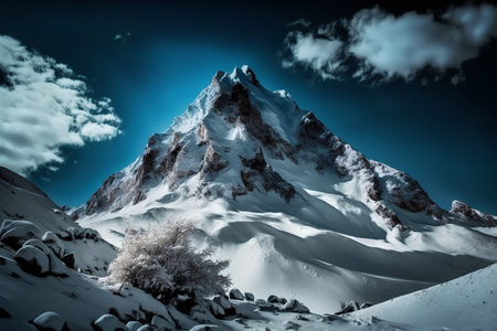 Winter mountain landscape with snow-capped peaks and blue sky with cloudsの素材