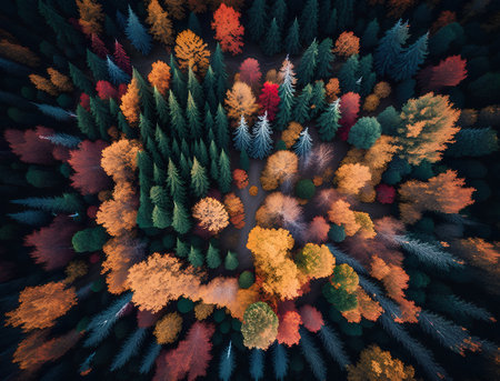 Aerial view of autumn forest. Colorful trees in the forestの素材