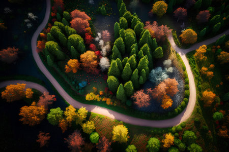 Aerial view of beautiful autumn forest. Top view of the road in the forest.の素材