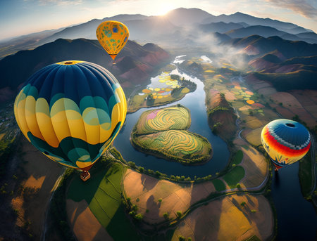 Colorful hot air balloons flying over the valley at sunrise, Thailandの素材