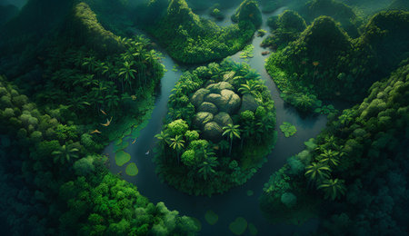 Aerial view of a beautiful tropical island surrounded by greenery.の素材