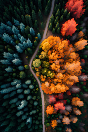 Aerial view of autumn forest. Top view of colorful trees.の素材
