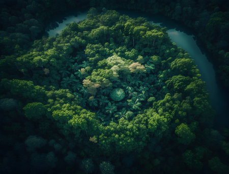 Green forest and lake aerial view from drone. Nature landscape background.の素材