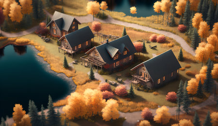 Wooden houses in the autumn forest. 3d render illustration.の素材