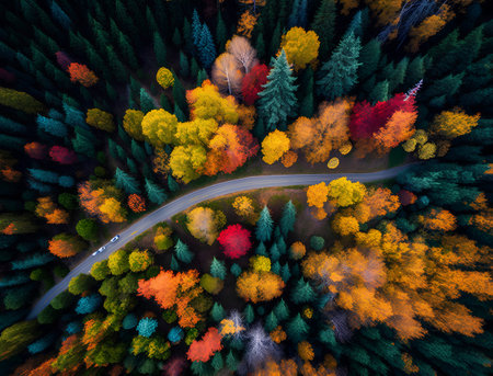Aerial view of road in autumn forest with colorful trees. Top viewの素材