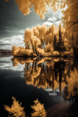 Autumn landscape with yellow trees and reflection on the lake in forestの素材