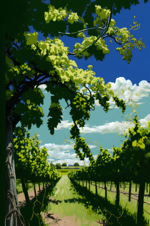 Vector illustration of a vineyard with green leaves and blue sky.の素材