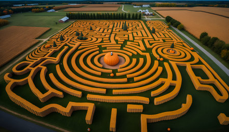 Aerial view of labyrinth with pumpkins in the middle of a fieldの素材