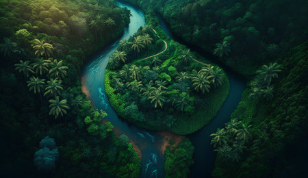 Coconut palm tree forest and river. Aerial view of the river.の素材