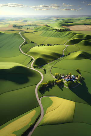 Aerial view of green fields and winding road in Tuscany, Italyの素材
