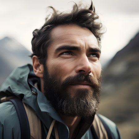 Portrait of a handsome young man with long beard and mustache looking away in the mountains.の素材