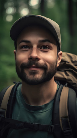 Portrait of a young man with a backpack in the forest.の素材