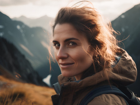Beautiful woman hiker with backpack looking at camera in the mountainsの素材