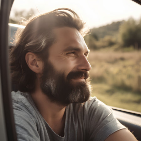Handsome bearded man looking out of the window of a carの素材