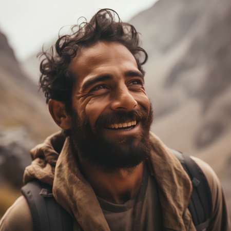 Portrait of a smiling bearded man with a backpack in the mountainsの素材