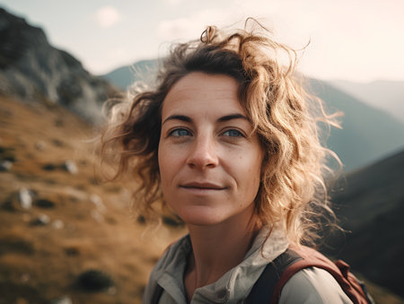 Portrait of a woman hiker with curly hair on the background of mountainsの素材