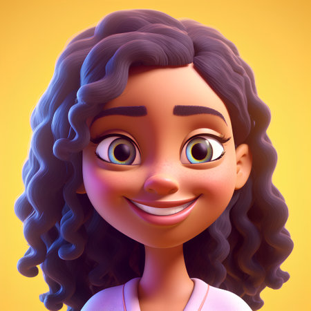 Cute cartoon african american girl with long curly hair. Vector illustration.の素材
