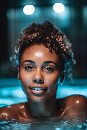 Beautiful african american woman relaxing in swimming pool at spaの素材